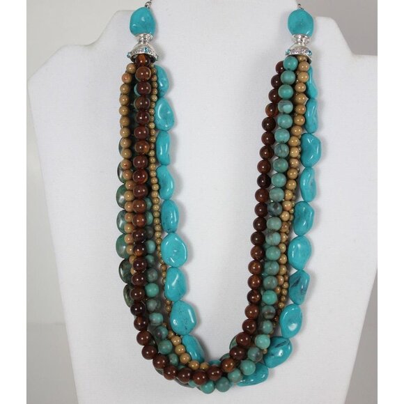 Faux Turquoise & Resin Bead 6-Strand Choker Style Necklace 16.5" Costume - Picture 2 of 4